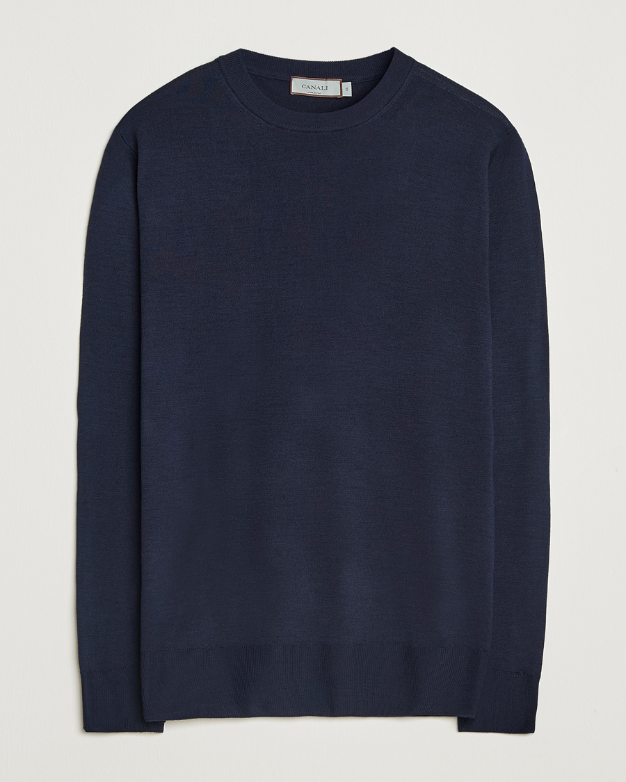 Mies | Puserot | Canali | Merino Wool Crew Neck Navy