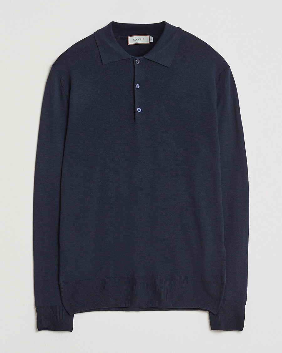 Mies | Puserot | Canali | Merino Wool Long Sleeve Polo Navy