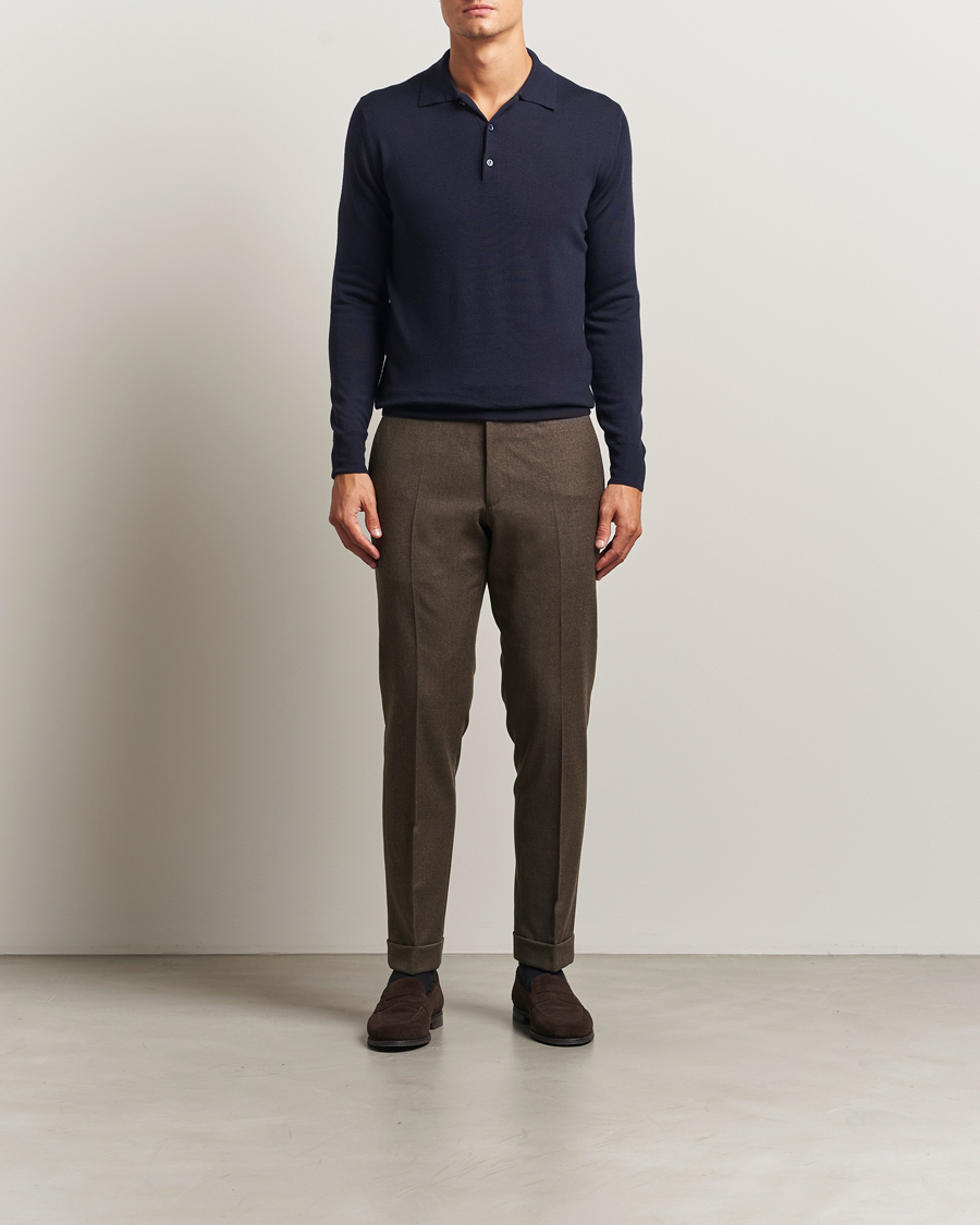 Mies | Puserot | Canali | Merino Wool Long Sleeve Polo Navy