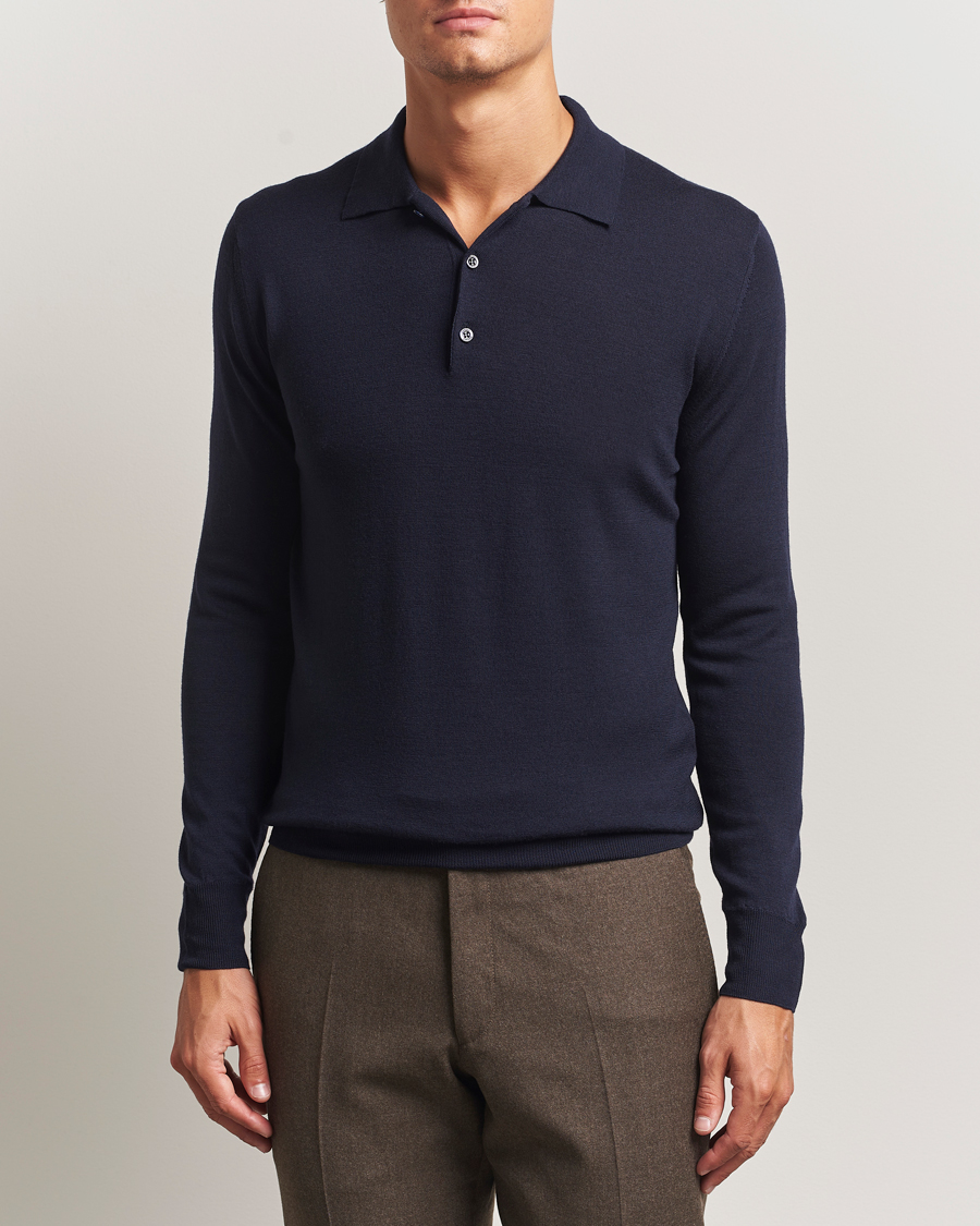 Mies | Puserot | Canali | Merino Wool Long Sleeve Polo Navy