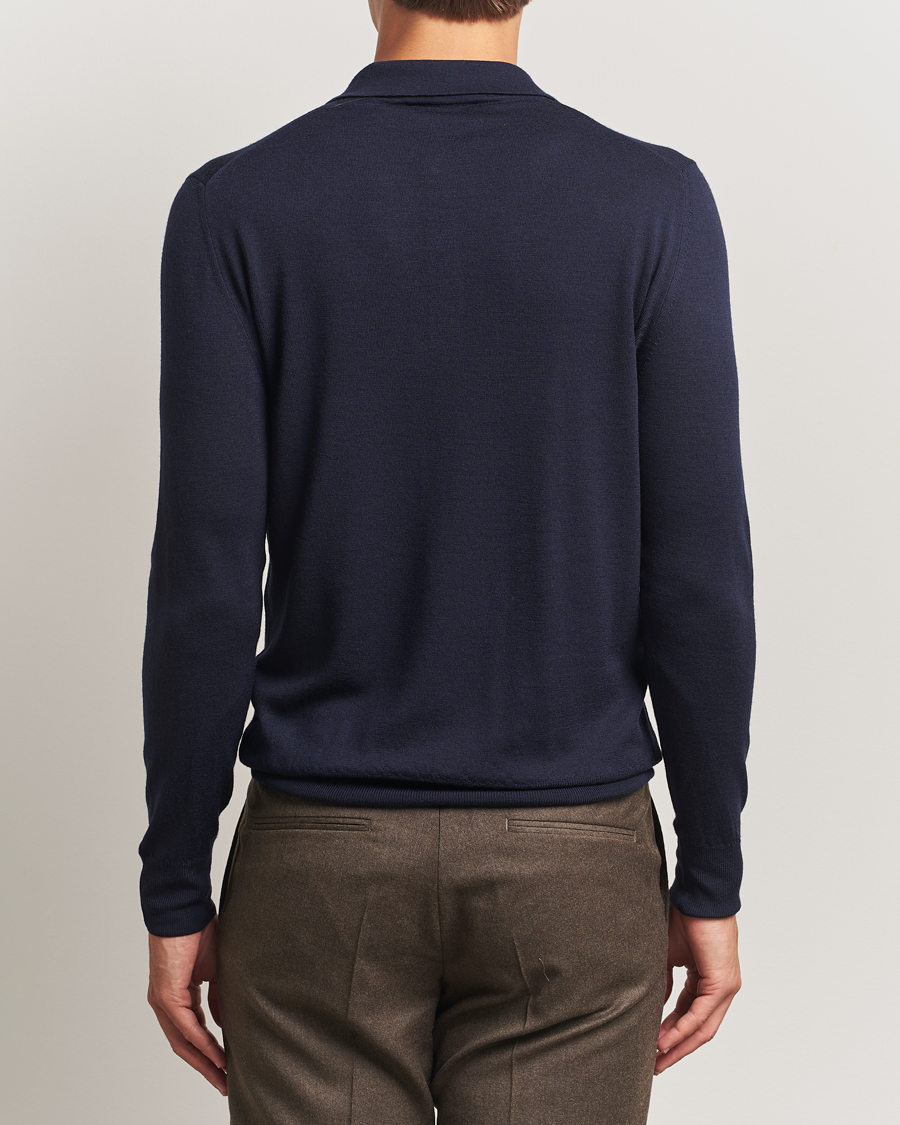 Mies | Puserot | Canali | Merino Wool Long Sleeve Polo Navy