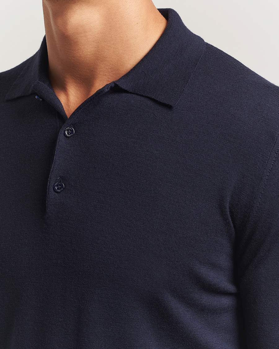 Mies | Puserot | Canali | Merino Wool Long Sleeve Polo Navy