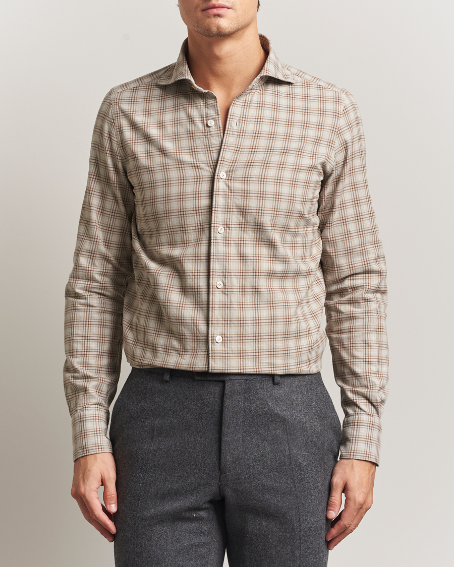 Mies | Kauluspaidat | Finamore Napoli | Gaeta Flannel Sport Shirt Beige Check