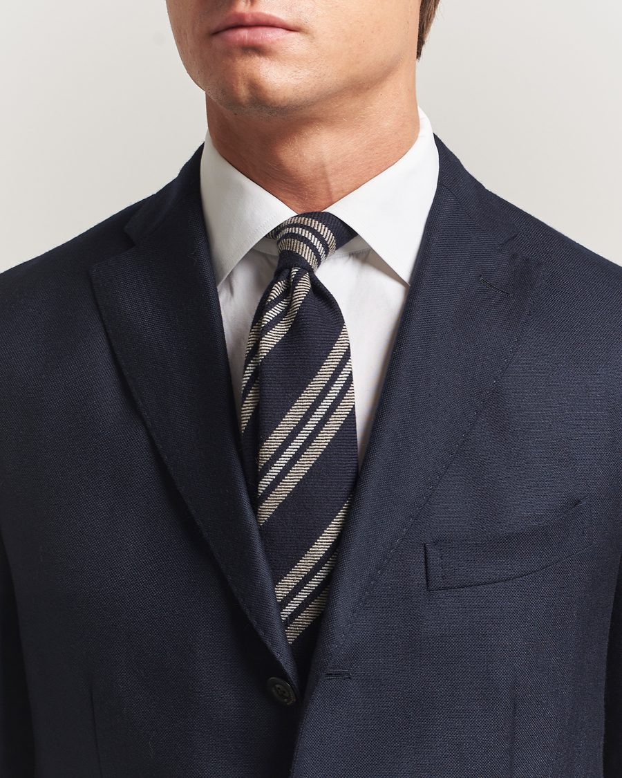 Mies | Finamore Napoli Wool Regimental Stripe Tie Navy/Beige | Finamore Napoli | Wool Regimental Stripe Tie Navy/Beige
