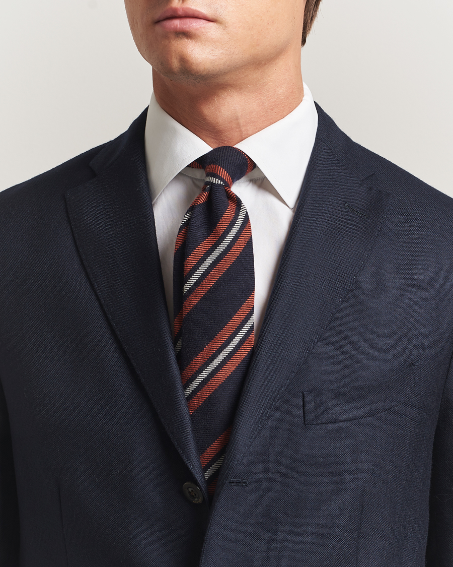 Mies | Finamore Napoli Wool Regimental Stripe Tie Navy/Orange | Finamore Napoli | Wool Regimental Stripe Tie Navy/Orange