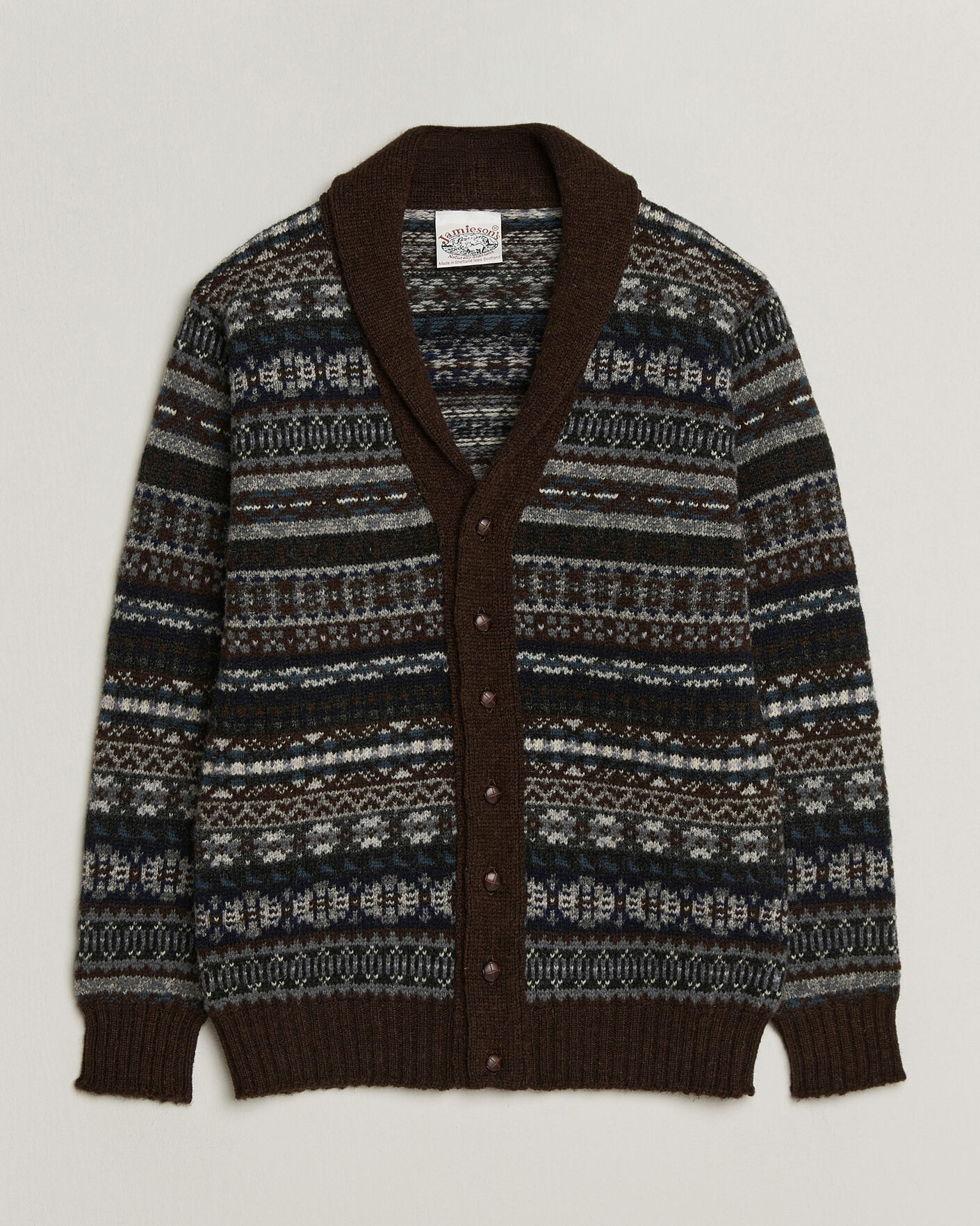 Mies | Puserot | Jamieson's of Shetland | Jamiesons Of Shetland All Over Fair Isle Shawl Collar Cardigan Brown