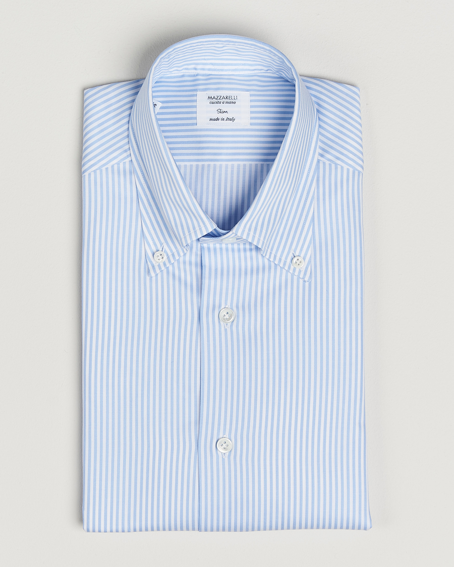 Mies | Kauluspaidat | Mazzarelli | Soft Cotton Twill Button Down Shirt Light Blue Stripe