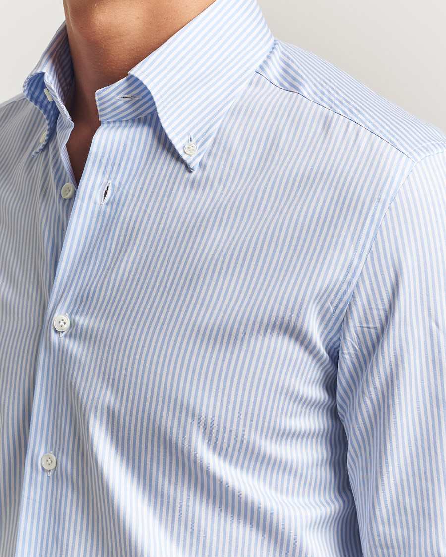 Mies | Kauluspaidat | Mazzarelli | Soft Cotton Twill Button Down Shirt Light Blue Stripe