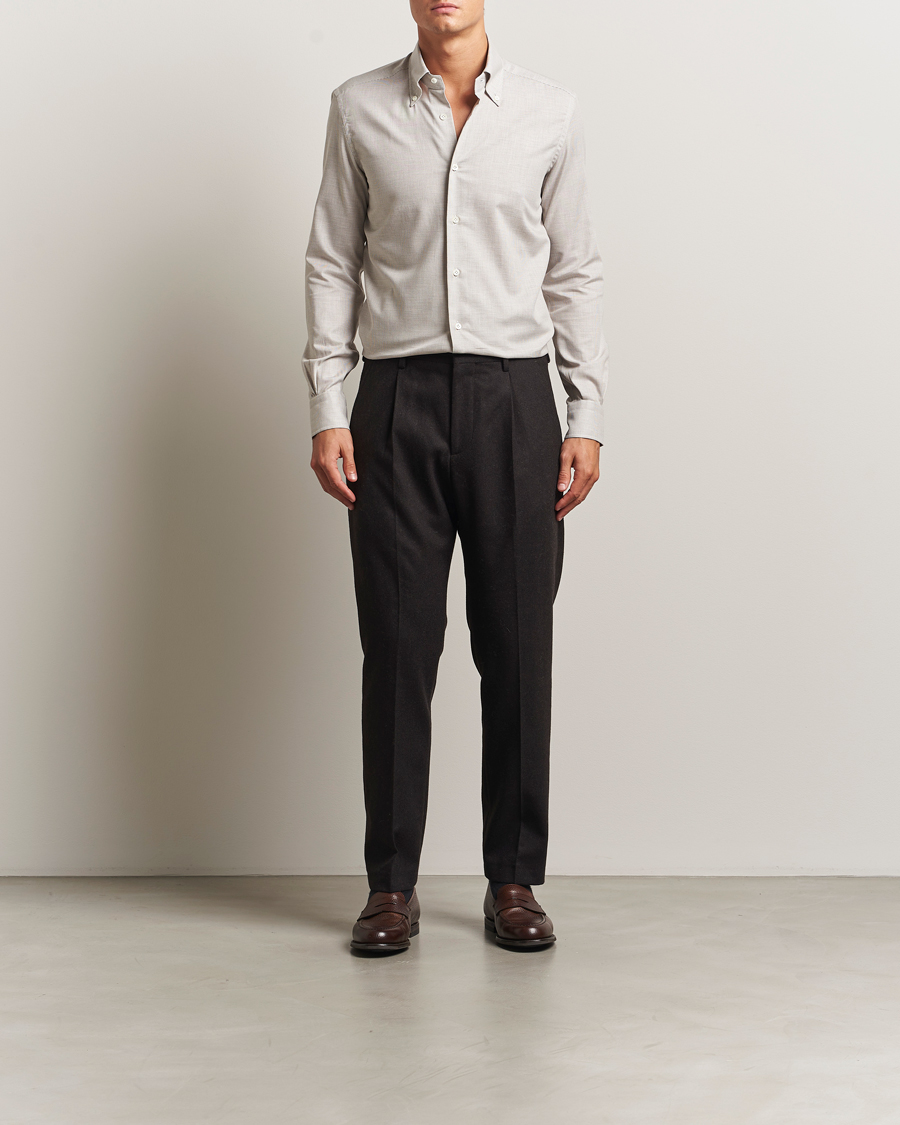 Mies | Kauluspaidat | Mazzarelli | Soft Flannel Button Down Shirt Beige