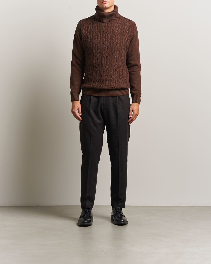 Mies | Puserot | Oscar Jacobson | Heavy Knitted Wool/Cashmere Cable Polo Golden Brown