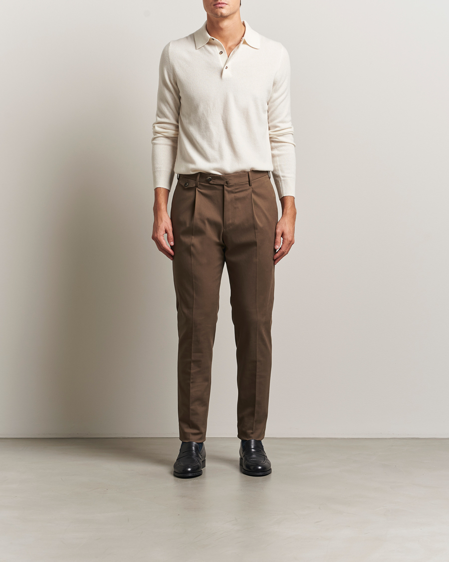Mies | Housut | PT01 | Slim Fit Pleated Cotton/Cashmere Trousers Dark Brown