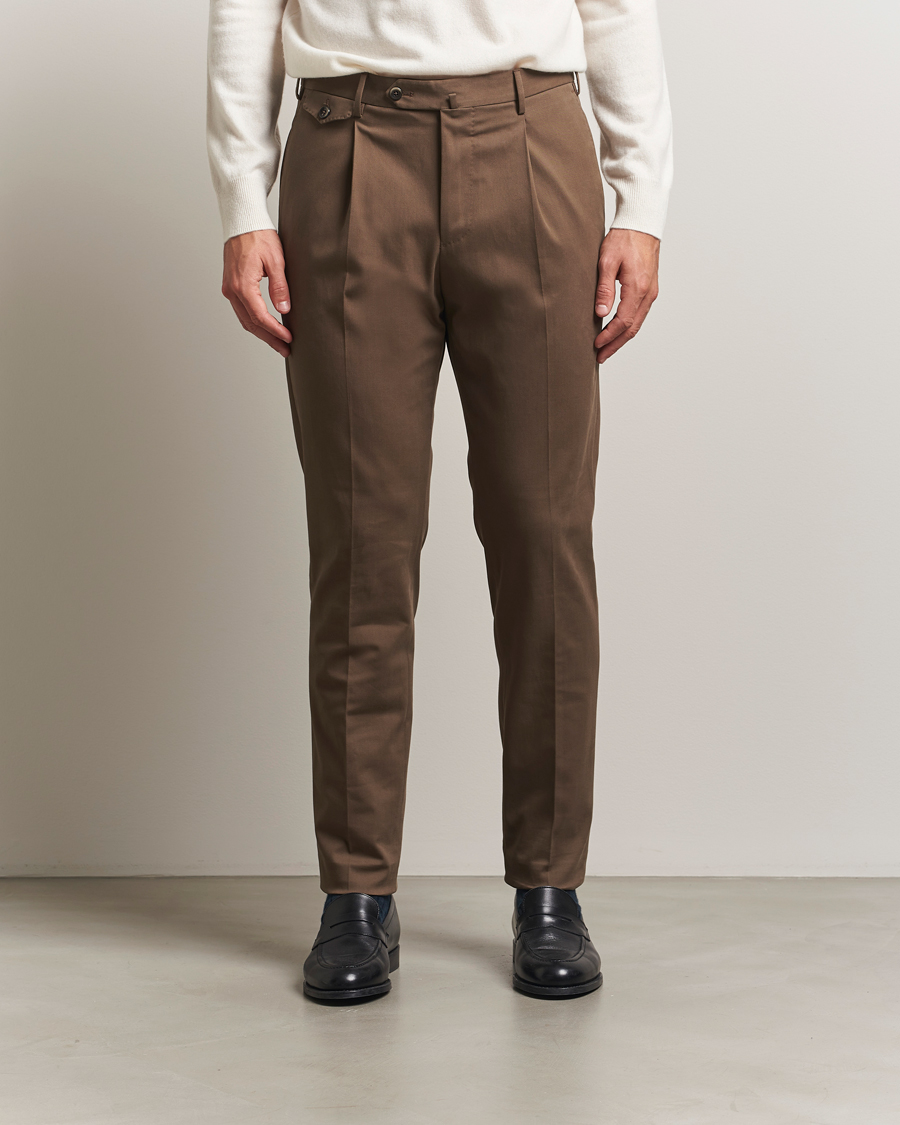 Mies | Housut | PT01 | Slim Fit Pleated Cotton/Cashmere Trousers Dark Brown