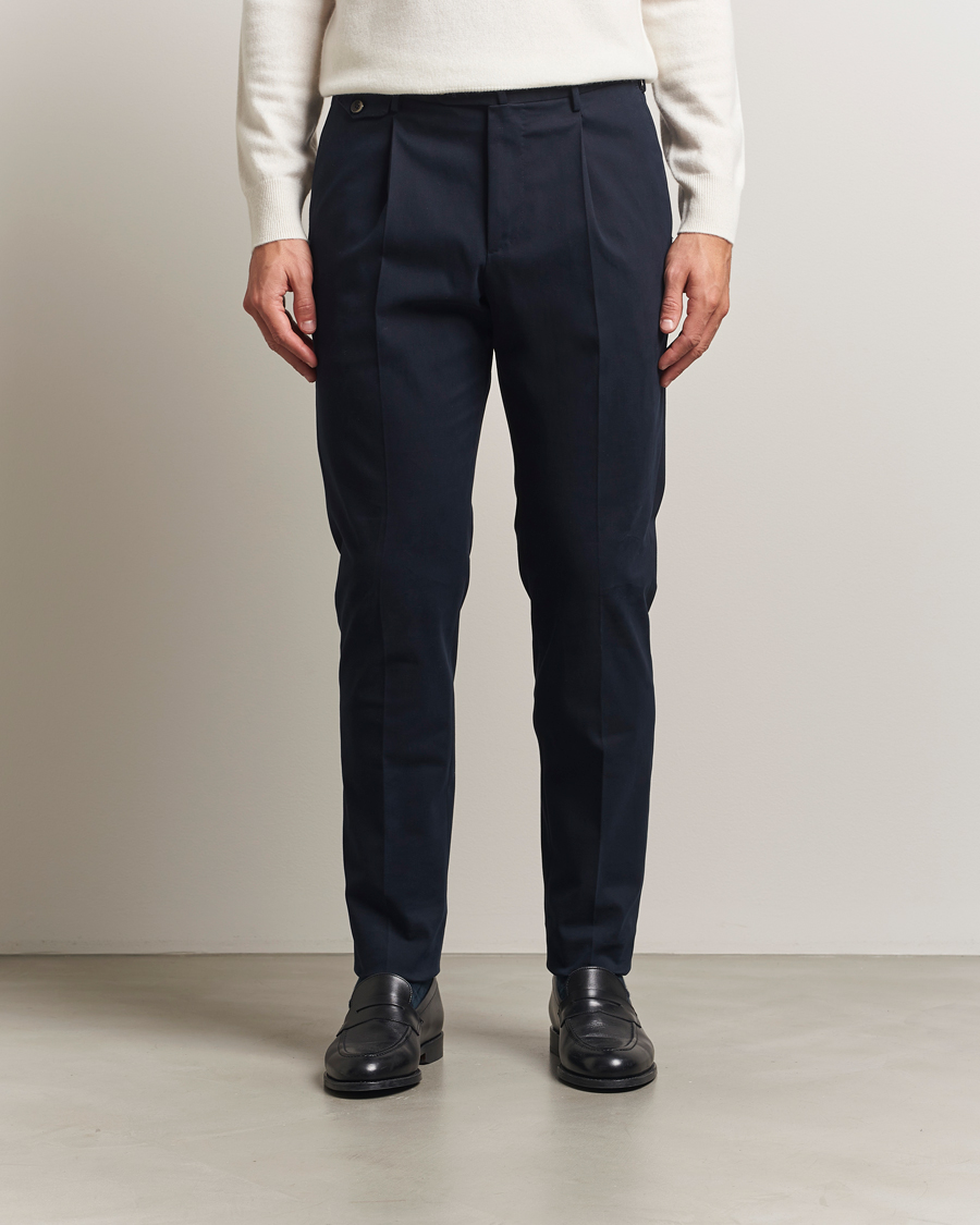 Mies | Housut | PT01 | Slim Fit Pleated Cotton/Cashmere Trousers Navy