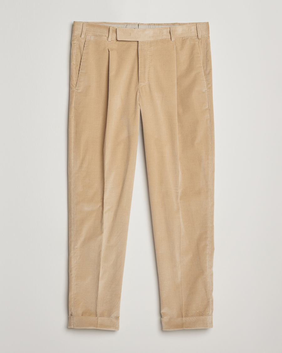 Mies | Housut | PT01 | Slim Fit Pleated Corduroy Trousers Light Beige