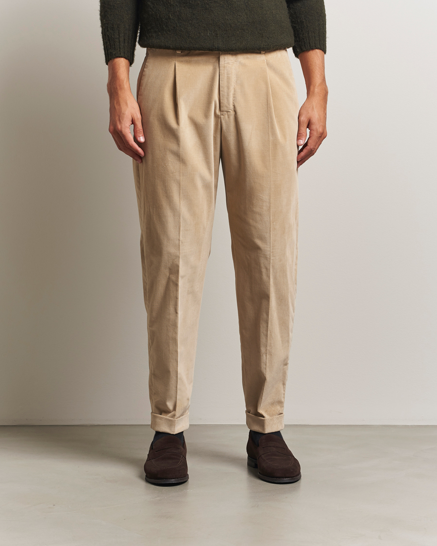 Mies | Housut | PT01 | Slim Fit Pleated Corduroy Trousers Light Beige