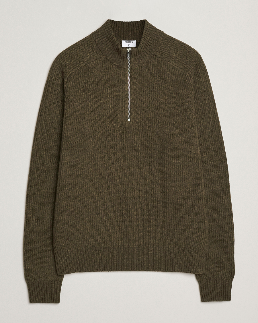 Mies | Puserot | Filippa K | Ribbed Wool Half Zip Moss Green