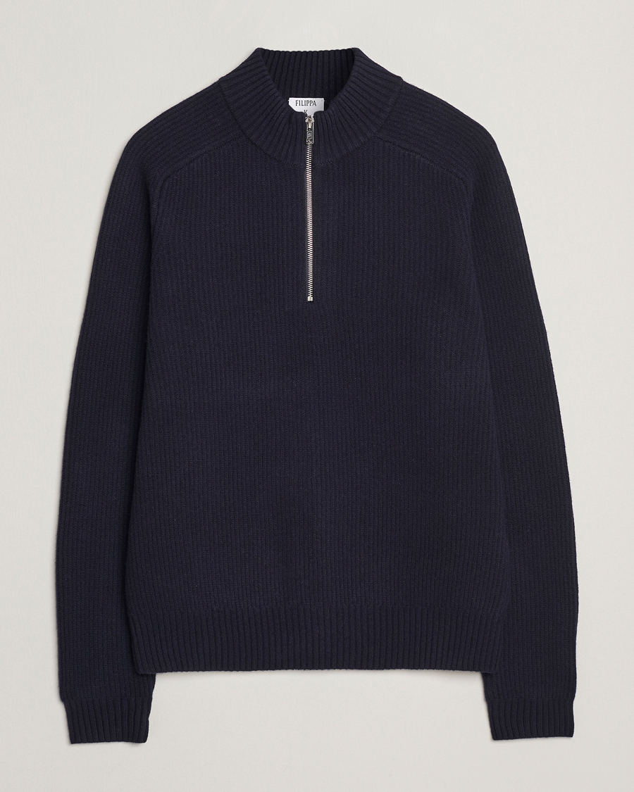 Mies | Puserot | Filippa K | Ribbed Wool Half Zip Navy