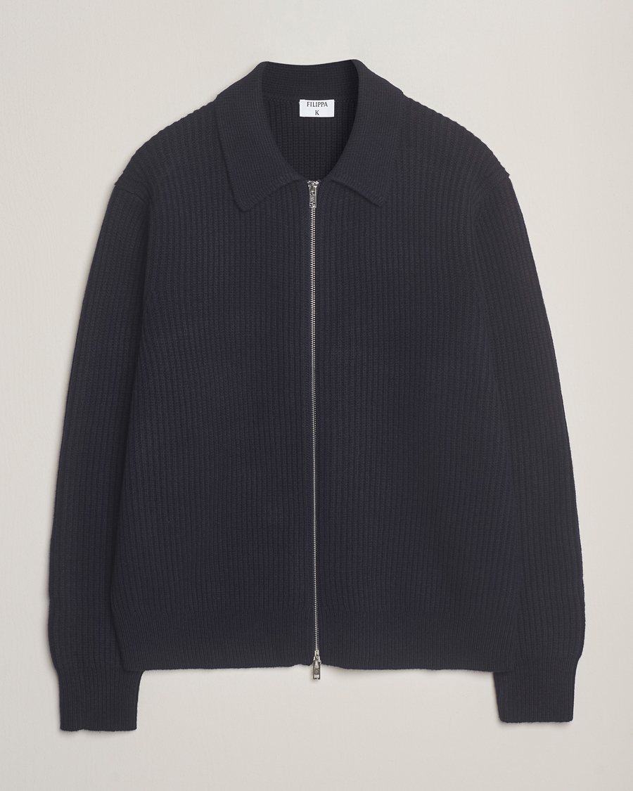 Mies | Puserot | Filippa K | Ribbed Wool Full Zip Cardigan Navy