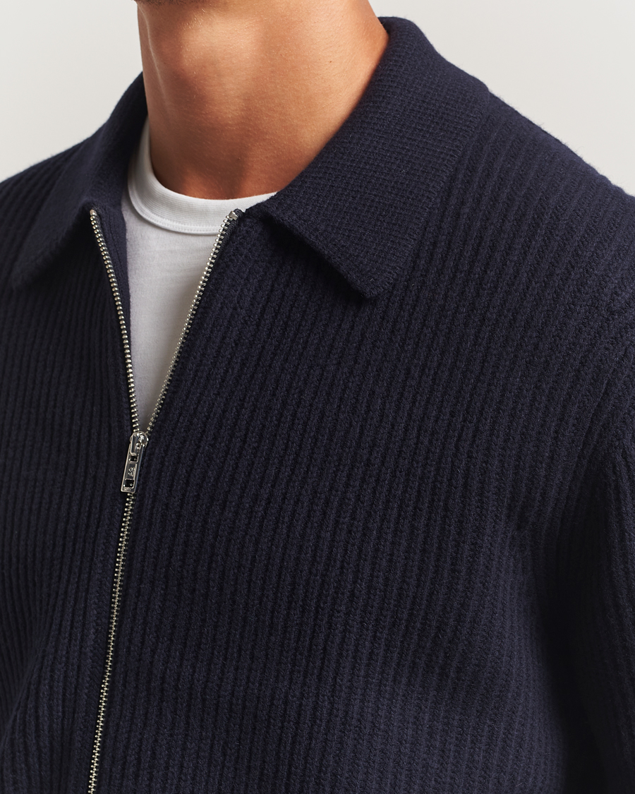 Mies | Puserot | Filippa K | Ribbed Wool Full Zip Cardigan Navy