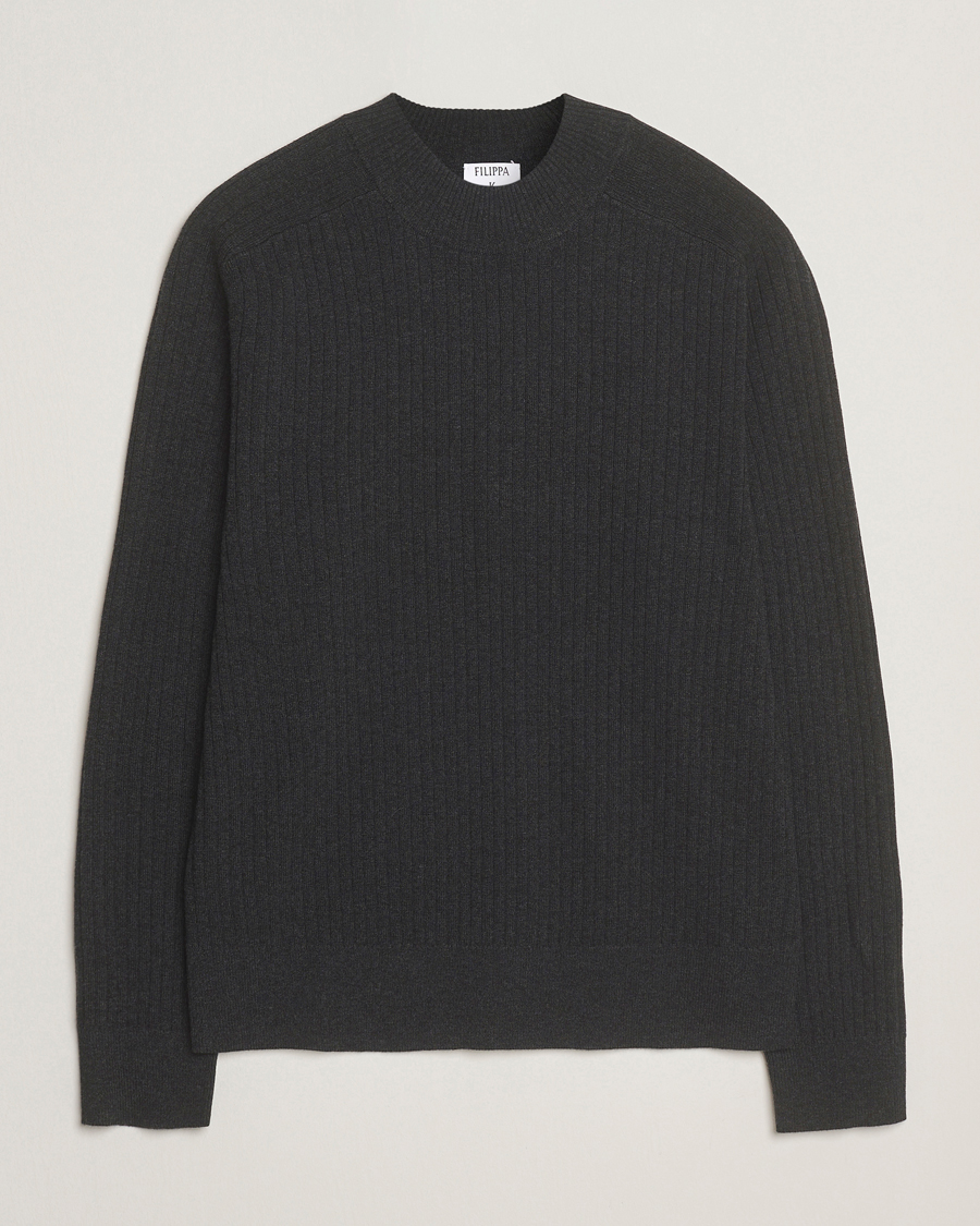 Mies | Puserot | Filippa K | Cotton Merino Knitted Mock Neck Sweater Anthracite Melange