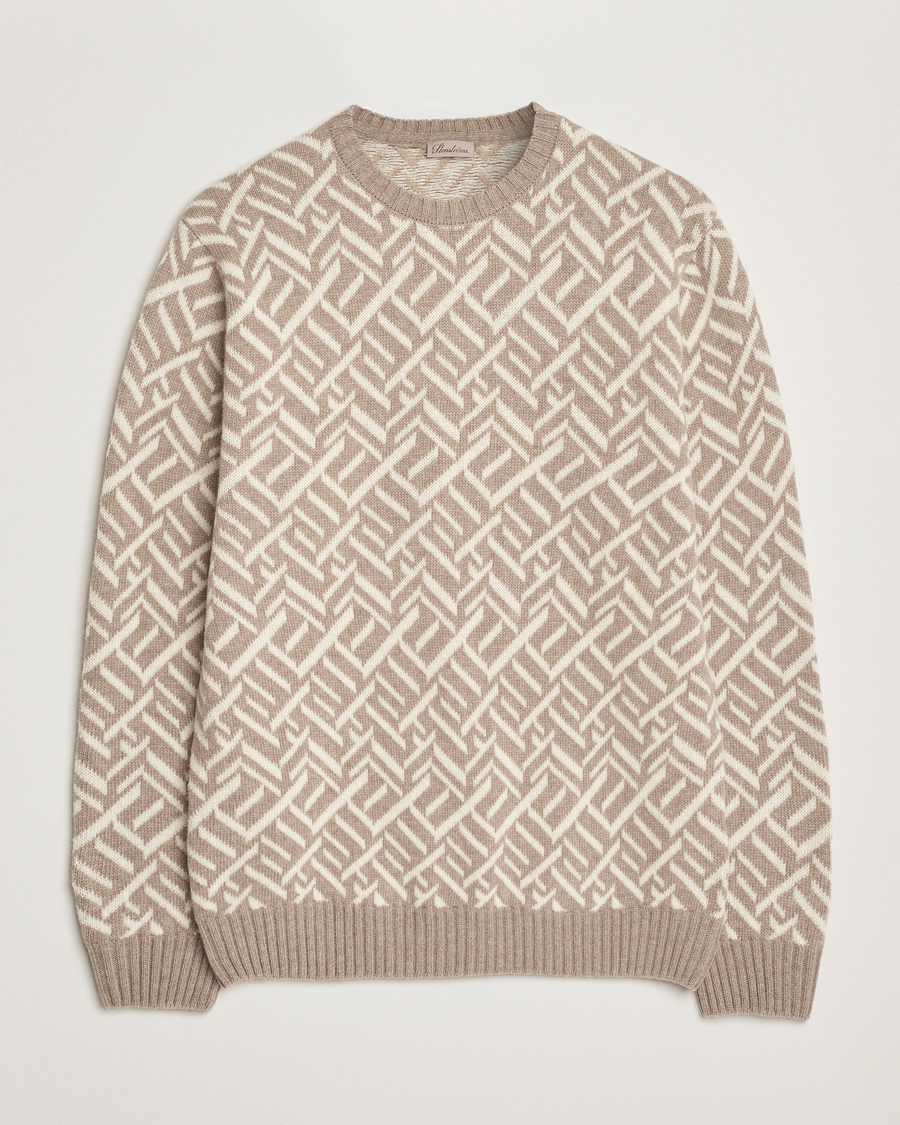 Mies | Puserot | Stenströms | Brushed Merino Vintage Pattern Crew Neck White/Brown