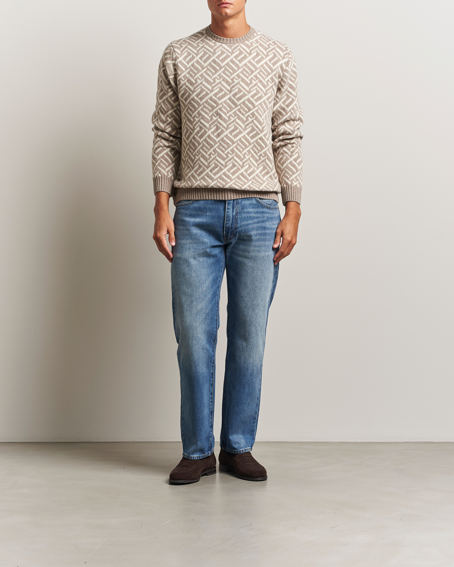 Mies | Puserot | Stenströms | Brushed Merino Vintage Pattern Crew Neck White/Brown