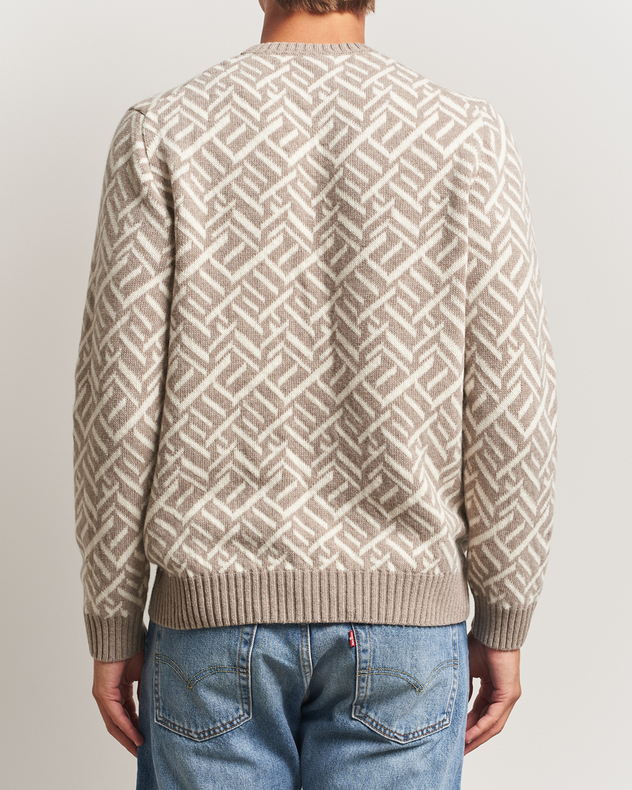Mies | Puserot | Stenströms | Brushed Merino Vintage Pattern Crew Neck White/Brown