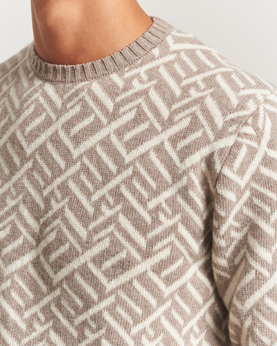 Mies | Puserot | Stenströms | Brushed Merino Vintage Pattern Crew Neck White/Brown