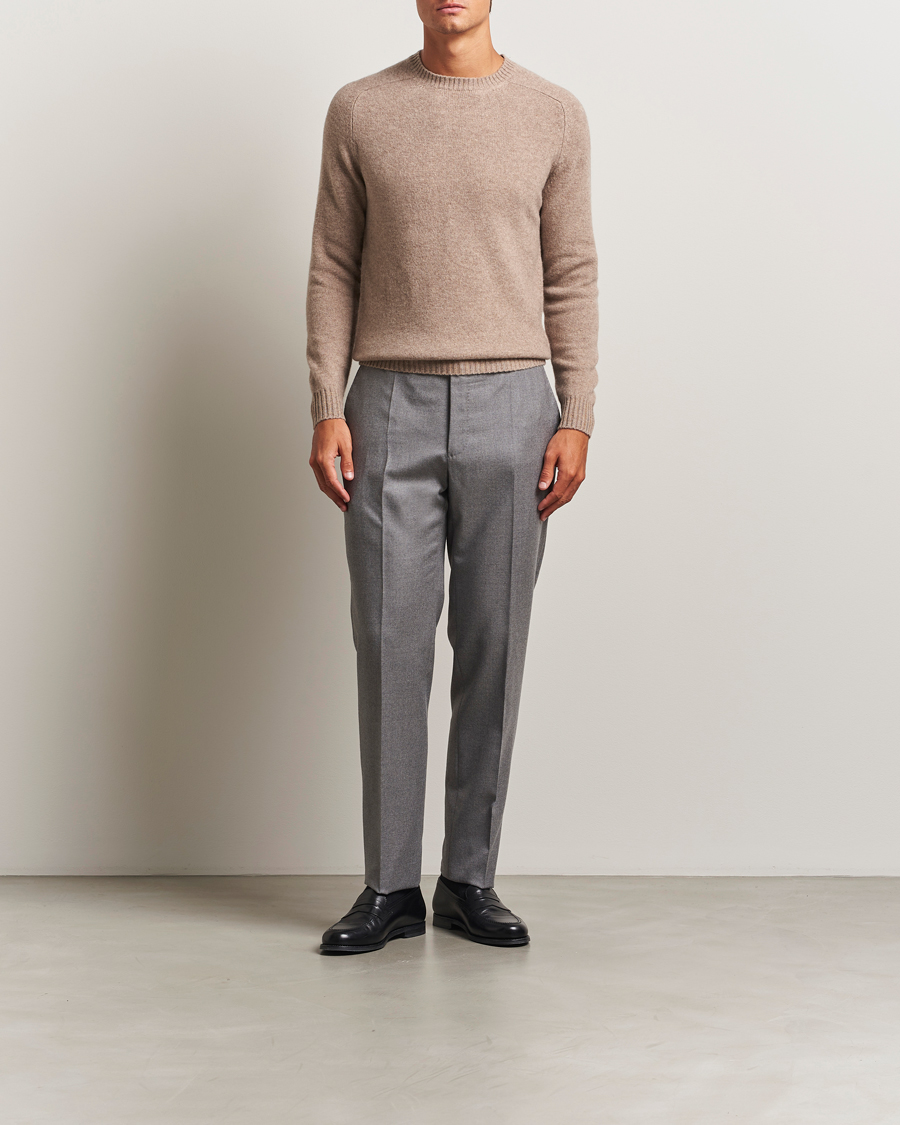 Mies | Puserot | Stenströms | Knitted Yak/Merino Crew Neck Light Brown