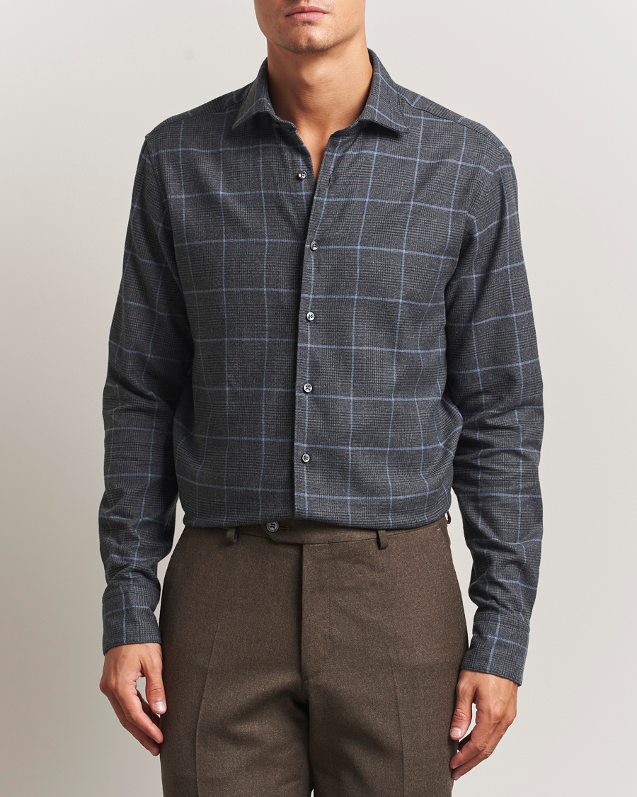 Mies | Kauluspaidat | Stenströms | Regular Fit Overcheck Flannel Shirt Dark Grey