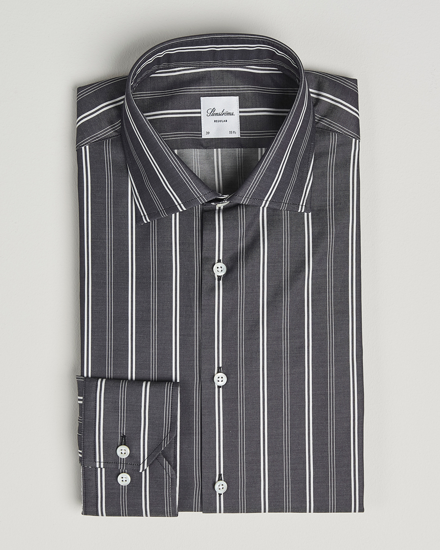 Mies | Kauluspaidat | Stenströms | Regular Fit Mixed Stripe Twill Shirt White/Black