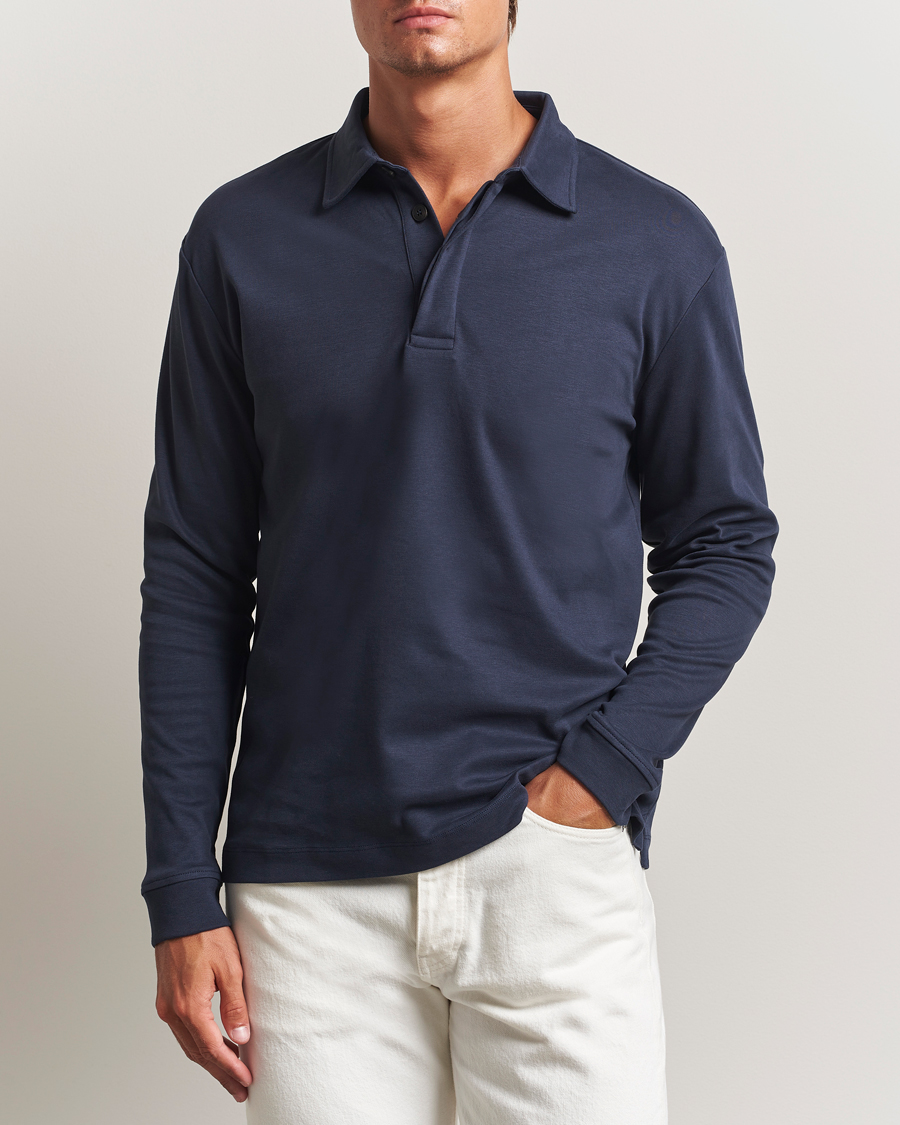 Mies | Puserot | Sunspel | Heavy Weight Supima Cotton Long Sleeve Polo Navy