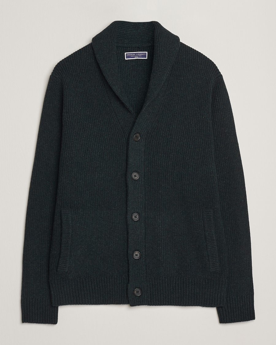 Mies | Puserot | Charles Tyrwhitt | Chunky Merino Shawl Neck Cardigan Forest Green