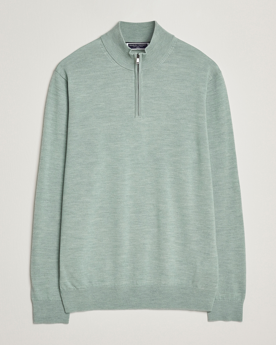 Mies | Puserot | Charles Tyrwhitt | Pure Merino Zip Neck Jumper Pale Teal Green