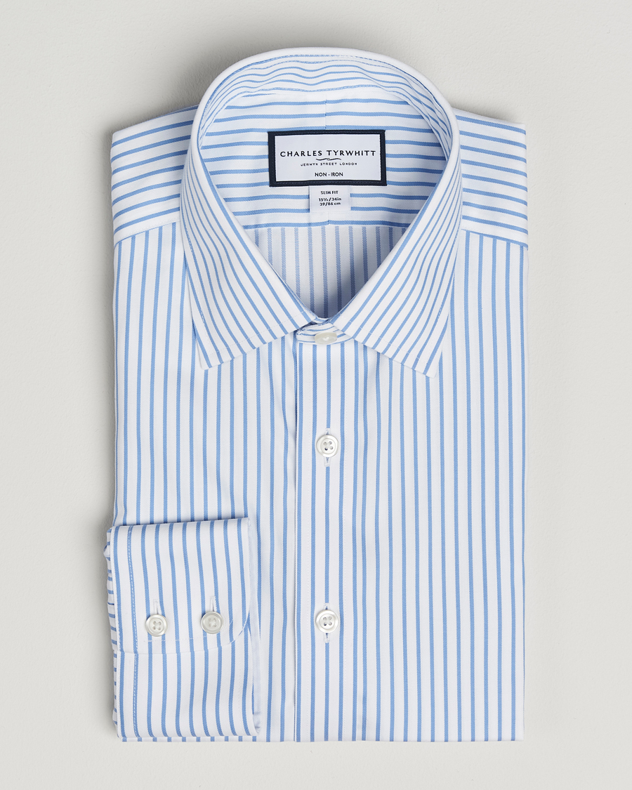 Mies | Kauluspaidat | Charles Tyrwhitt | Slim Fit Non Iron Twill Stripe Shirt Blue