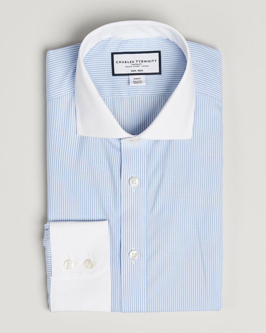 Mies | Kauluspaidat | Charles Tyrwhitt | Slim Fit Non Iron Bengal Stripe Winchester Shirt Sky Blue