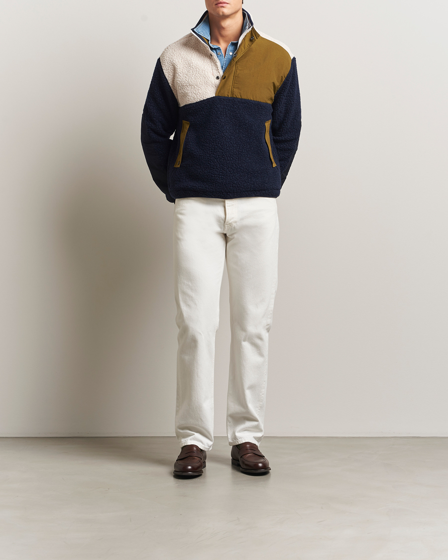 Mies | Puserot | Drake's | Colourblock Half-Zip Fleece Navy/Ecru/Yellow