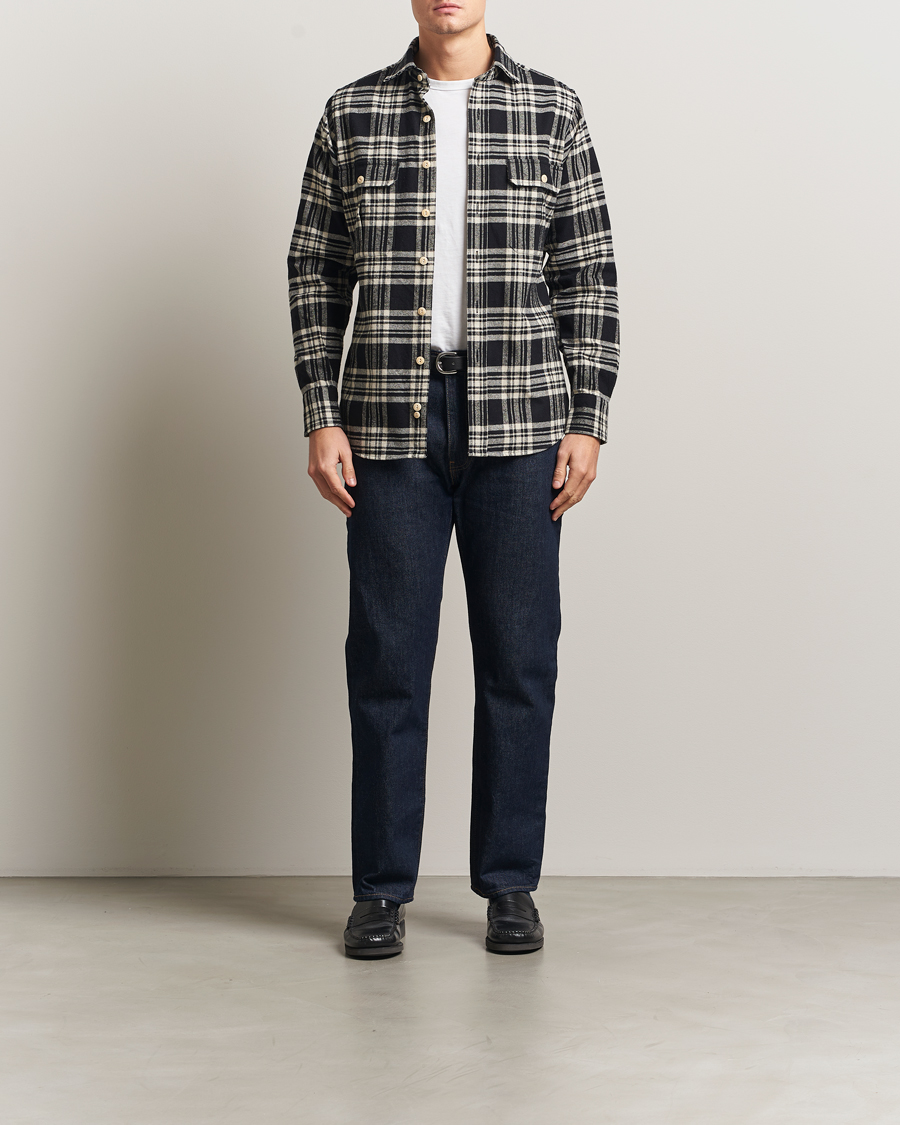 Mies | Kauluspaidat | Drake's | Check Heavy Cotton Work Shirt Navy/White