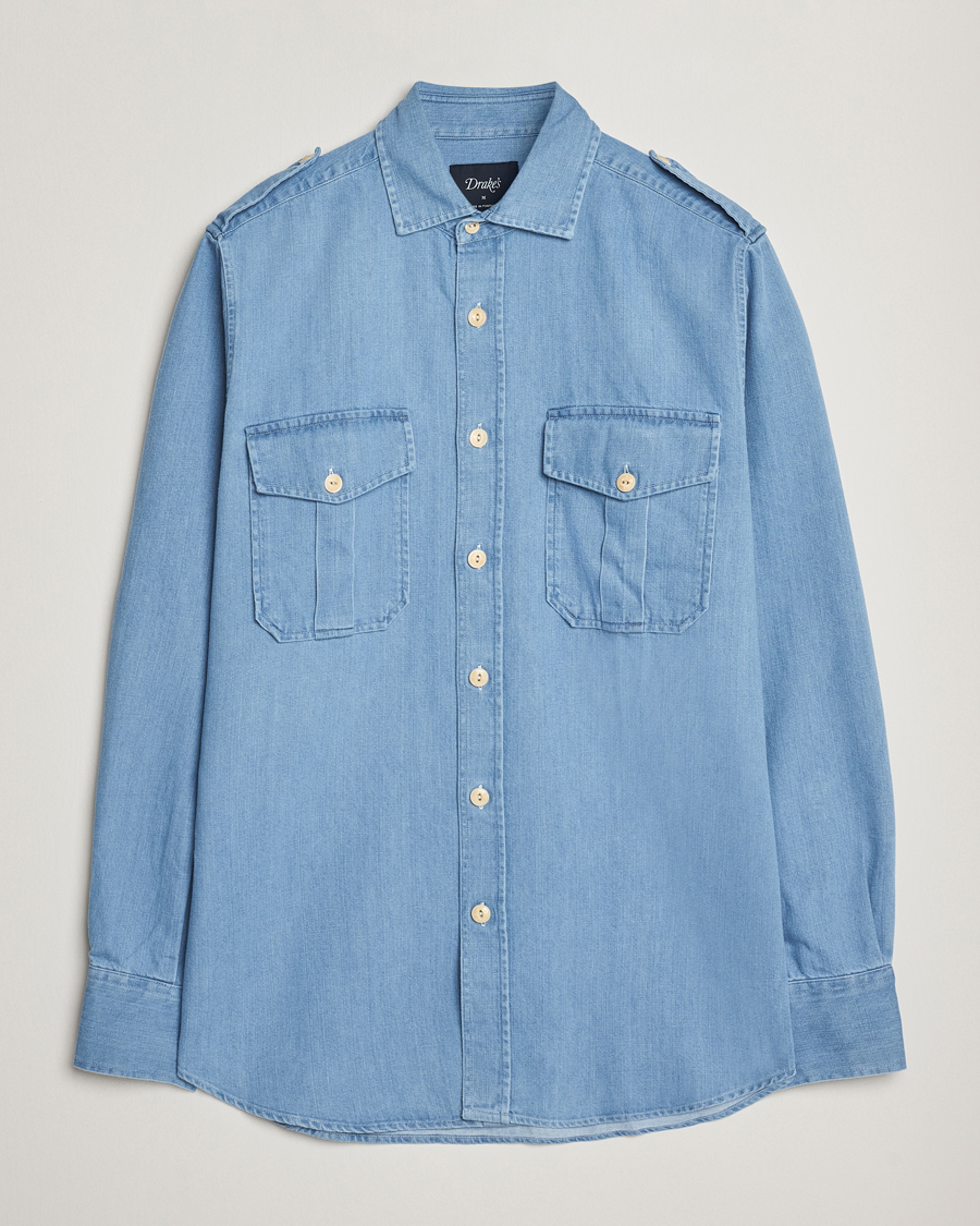 Mies | Kauluspaidat | Drake's | Denim Epaulette Shirt Blue