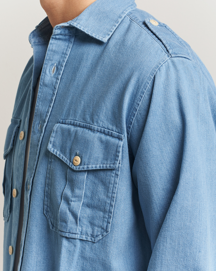 Mies | Kauluspaidat | Drake's | Denim Epaulette Shirt Blue