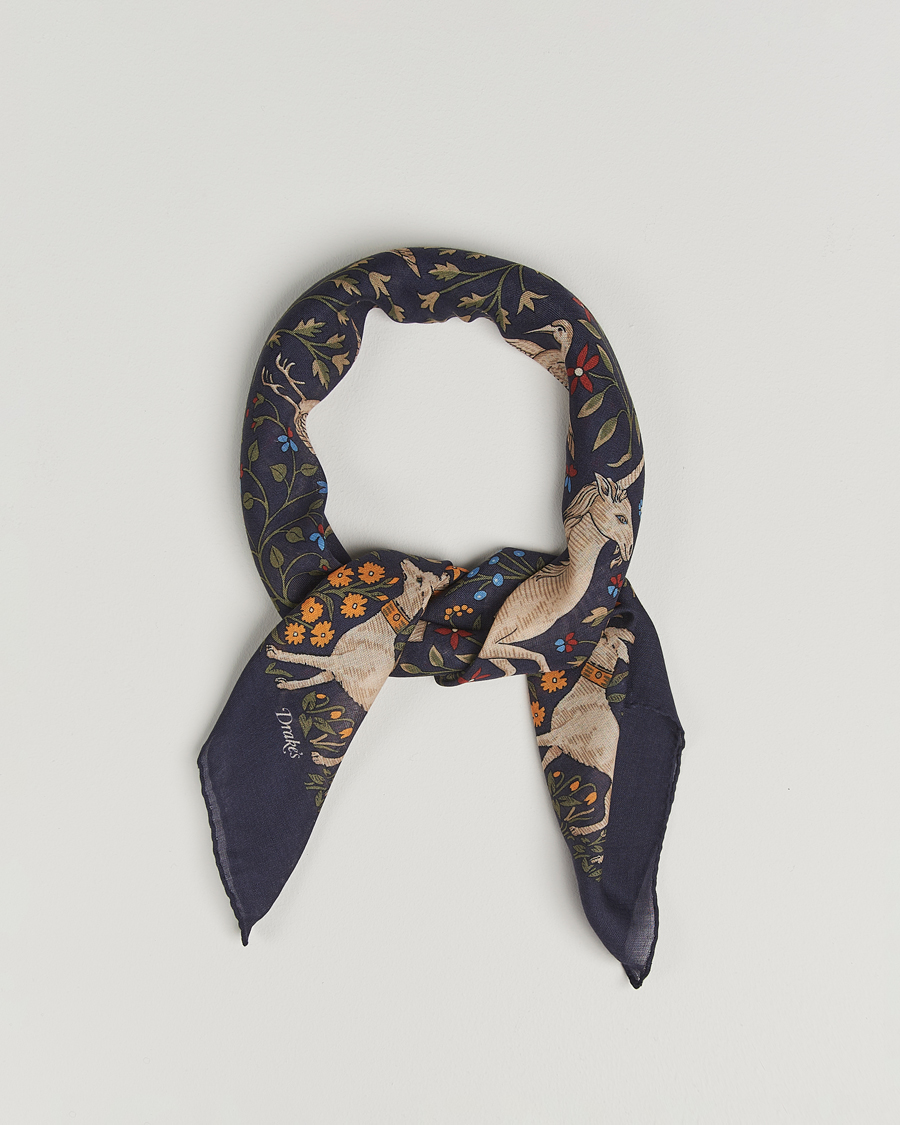 Mies | Drake's Unicorn Garden Wool/Silk Scarf Navy | Drake's | Unicorn Garden Wool/Silk Scarf Navy