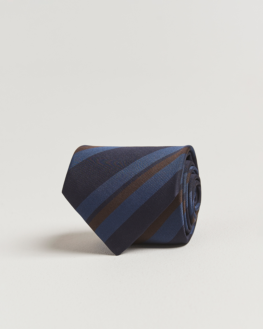 Mies | Drake's Stripe Mogador Silk/Cotton Tie Navy/Brown | Drake's | Stripe Mogador Silk/Cotton Tie Navy/Brown