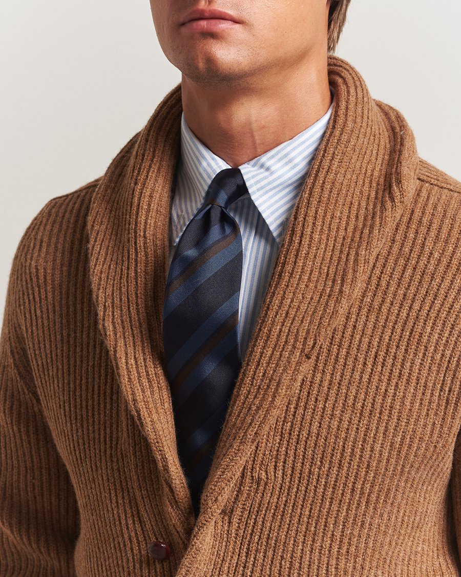 Mies | Drake's Stripe Mogador Silk/Cotton Tie Navy/Brown | Drake's | Stripe Mogador Silk/Cotton Tie Navy/Brown