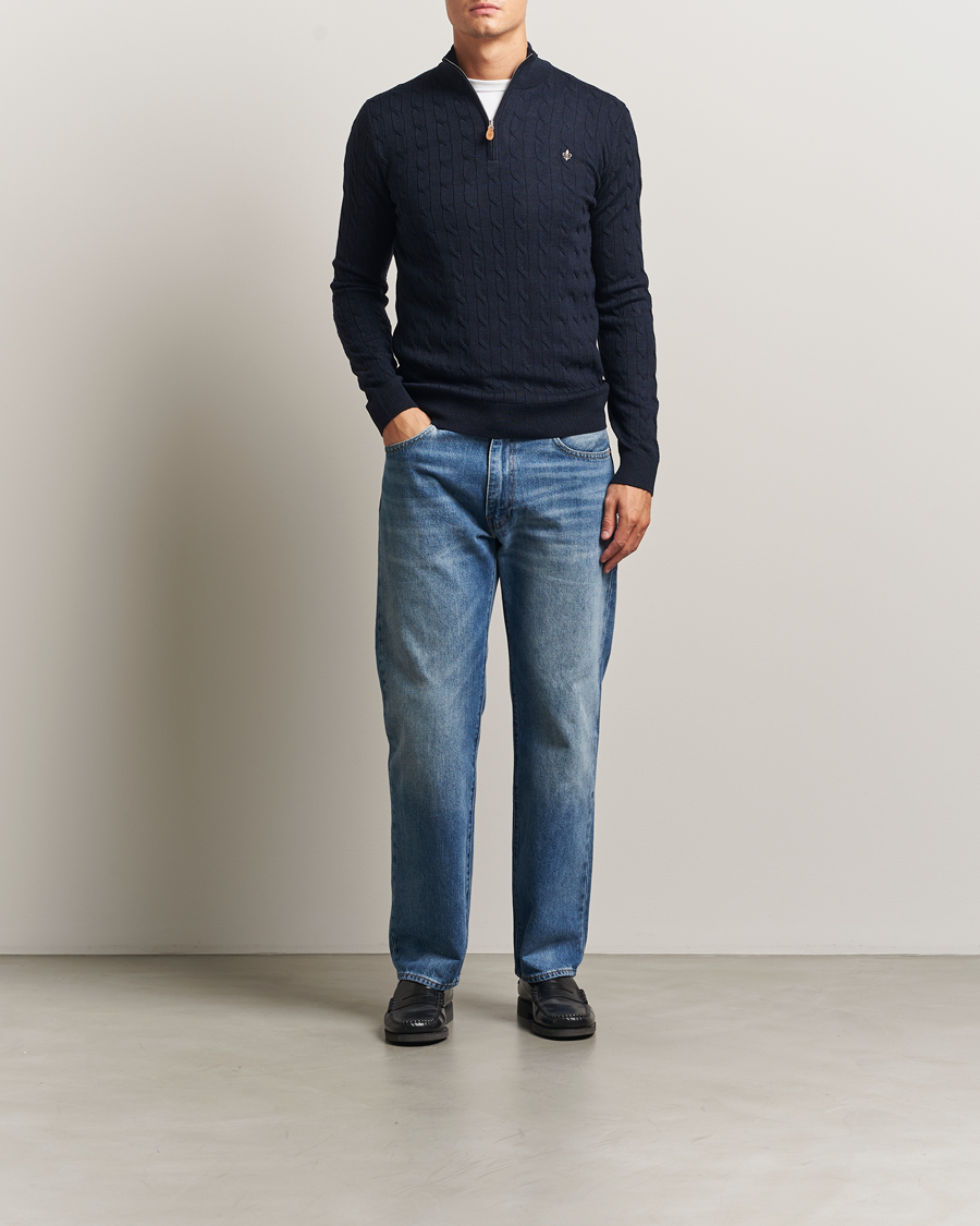 Mies | Puserot | Morris | Merino Cable Half Zip Navy