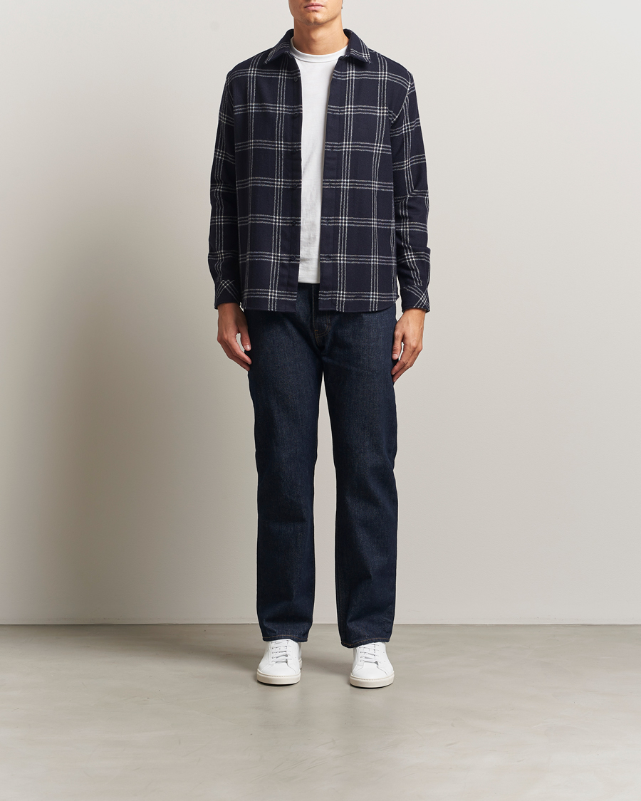 Mies | Kauluspaidat | KnowledgeCotton Apparel | Merino Wool Check Overshirt Blue