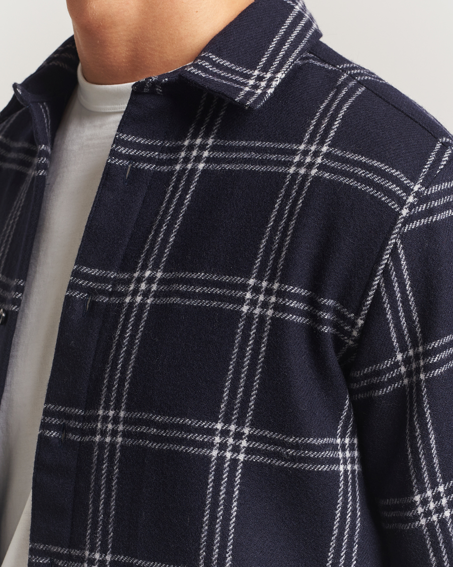 Mies | Kauluspaidat | KnowledgeCotton Apparel | Merino Wool Check Overshirt Blue
