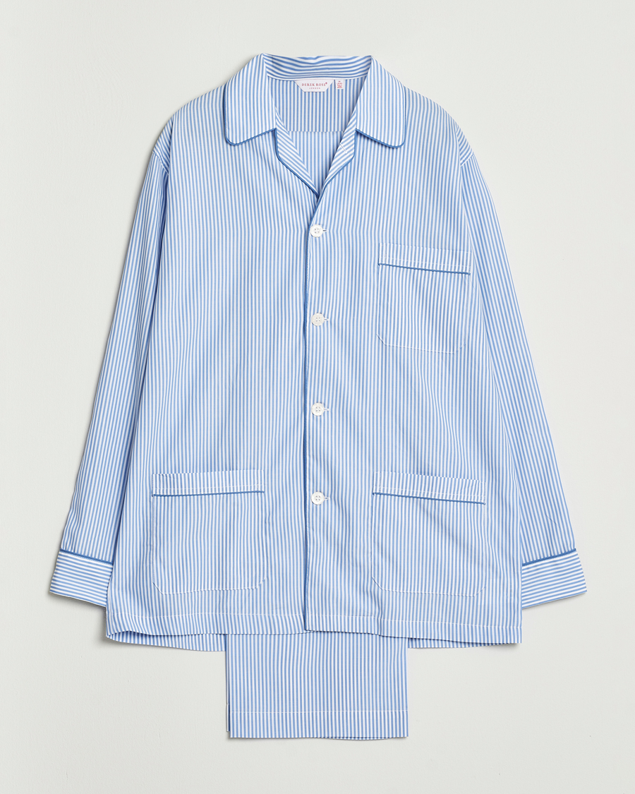 Mies | Yöpuvut ja kylpytakit | Derek Rose | Striped Piped Cotton Pyjama Set Blue/White