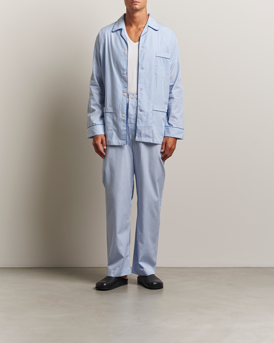Mies | Yöpuvut ja kylpytakit | Derek Rose | Striped Piped Cotton Pyjama Set Blue/White