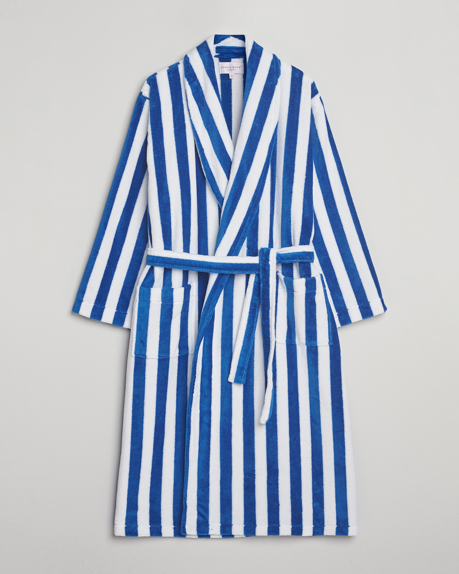 Mies | Yöpuvut ja kylpytakit | Derek Rose | Striped Cotton Velour Gown Blue/White