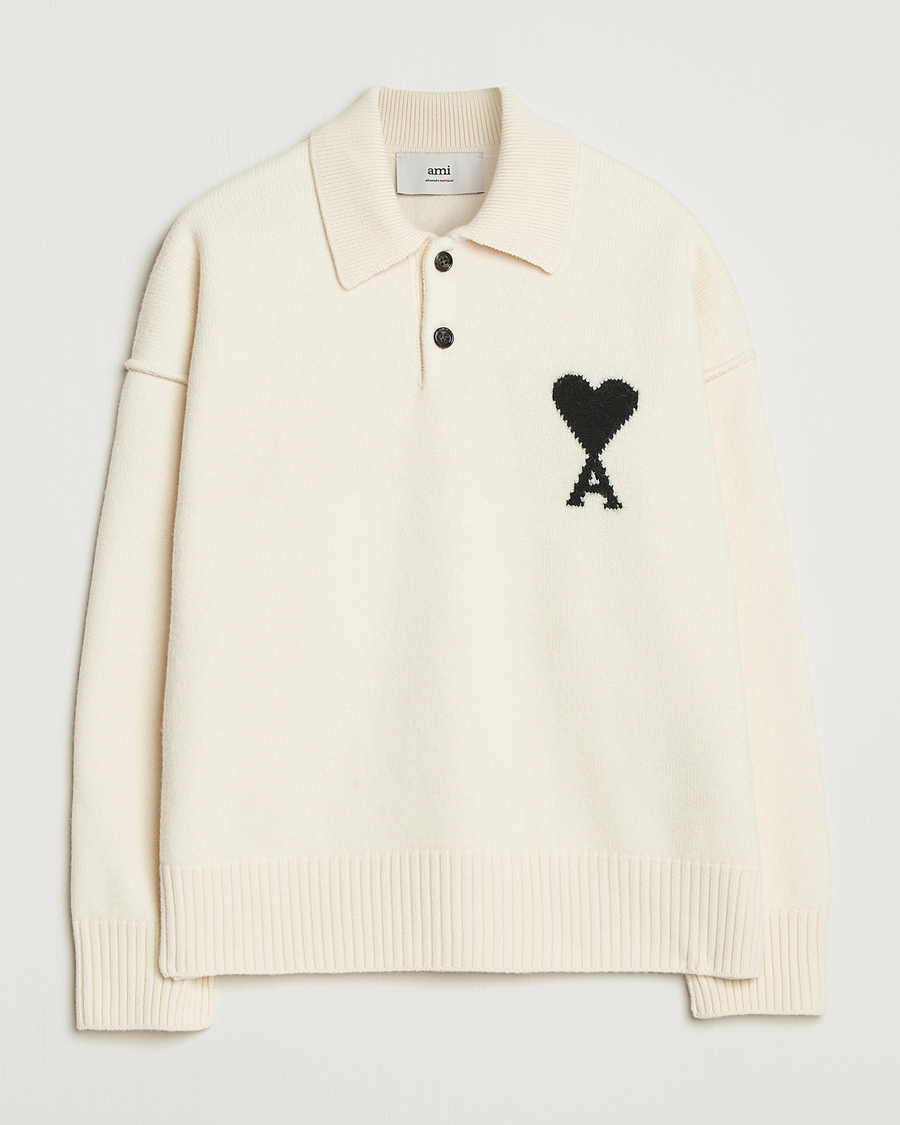 Mies | Puserot | AMI | Big Heart Logo Wool Knitted Polo Ecru